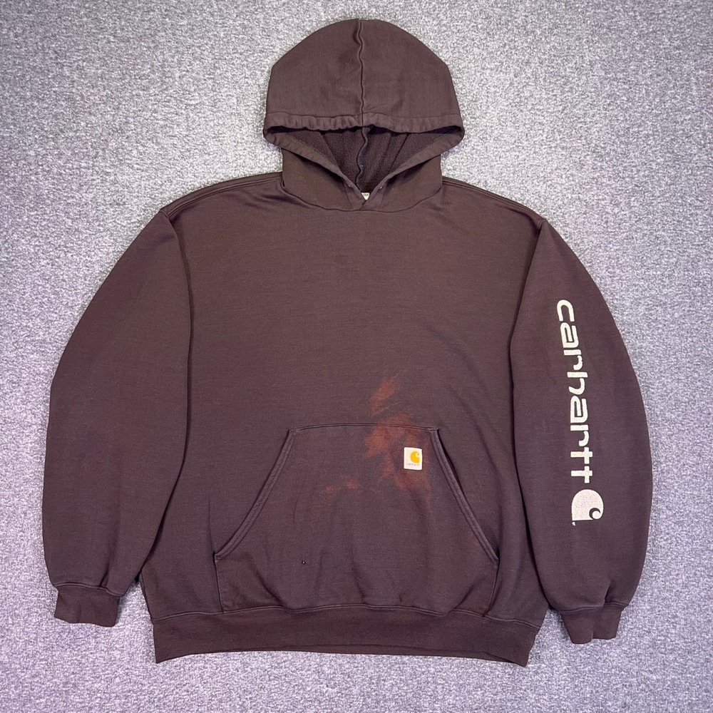 Carhartt Hoodie Mens 2XL Brown Distressed Workwear Sleeve Retro Pullover Grunge